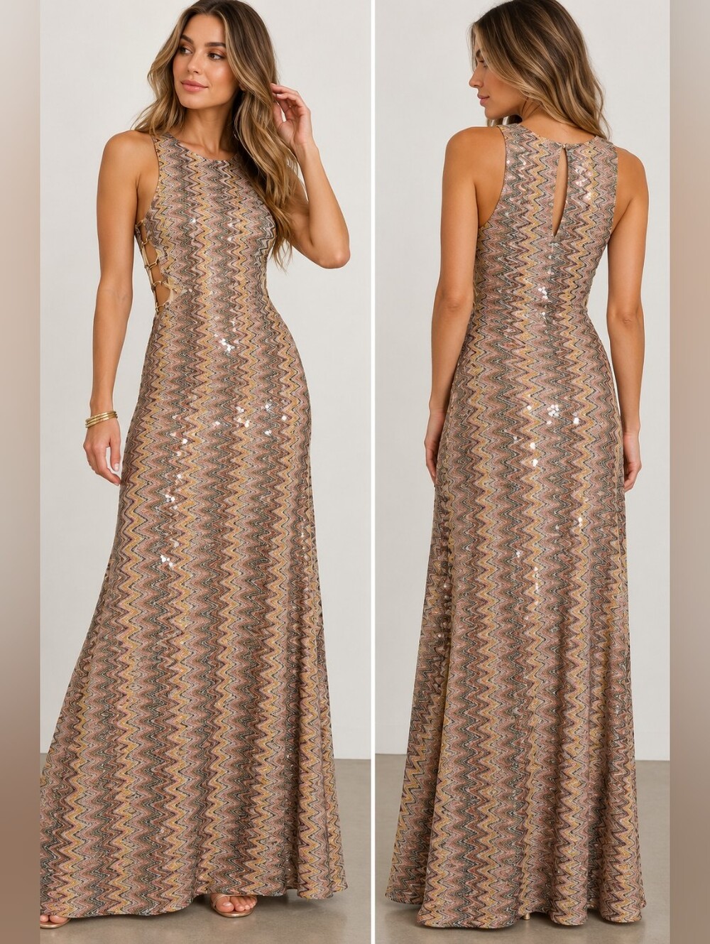 AKIRA Sequin Chevron Cutout Maxi Dress Size M Multicolor Party Formal